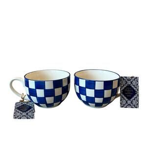 Hand Painted Checkered Soup Mugs 5.5in Ceramic Made in India Blue White Set of 2